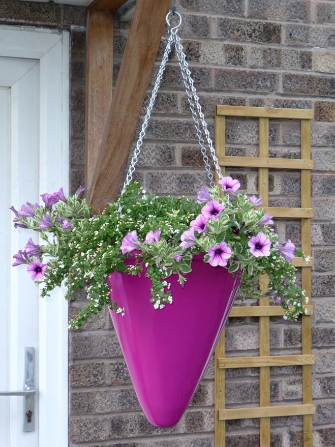 White Hanging Baskets. Modern, Fibreglass Conical Shaped Planters With