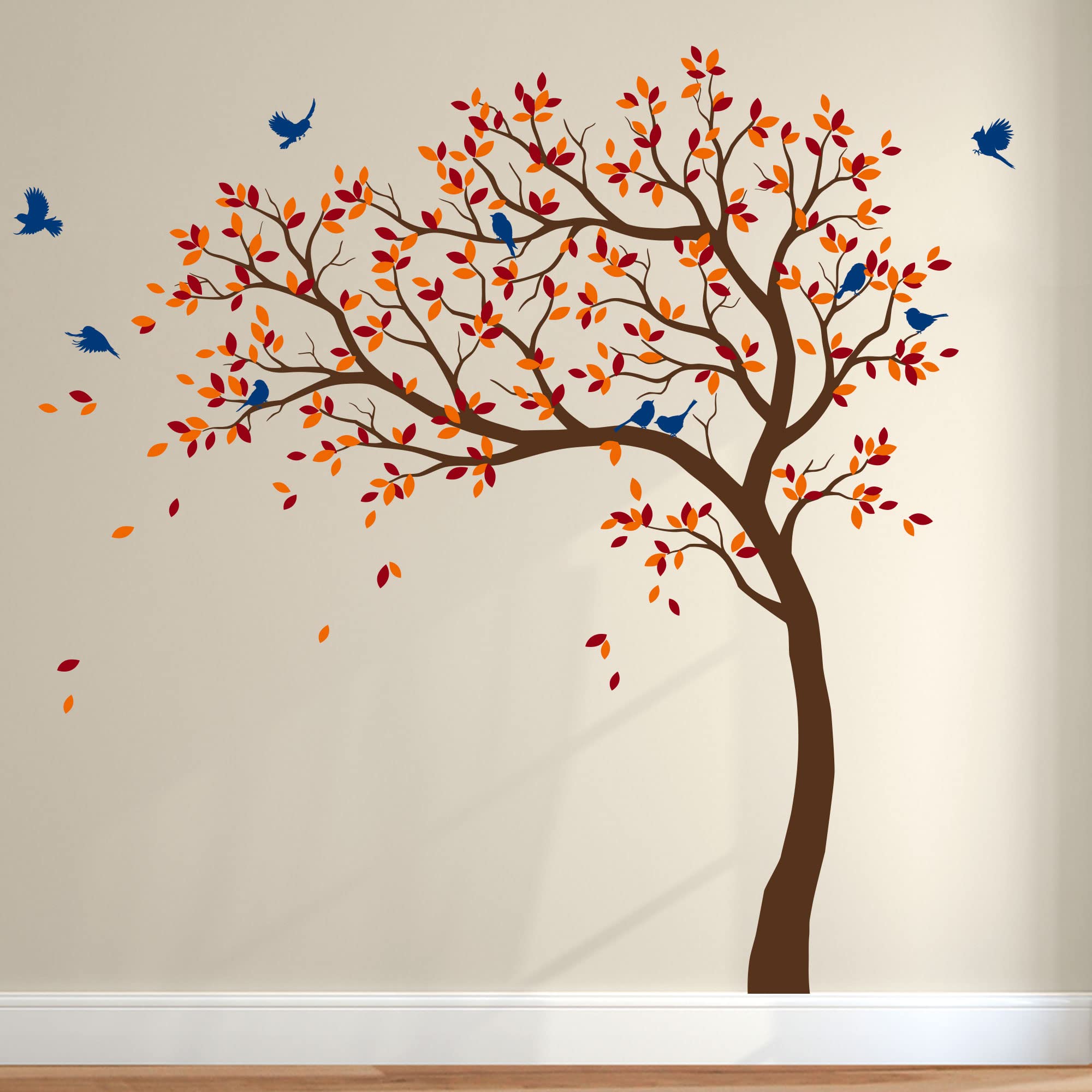 Large Tree Wall Decals Wall Tattoo Large Nursery Tree Decals Wall Mural Removable Vinyl Wall Sticker (Leaning Left, Brown; Light Orange; Dark Red; Blue)