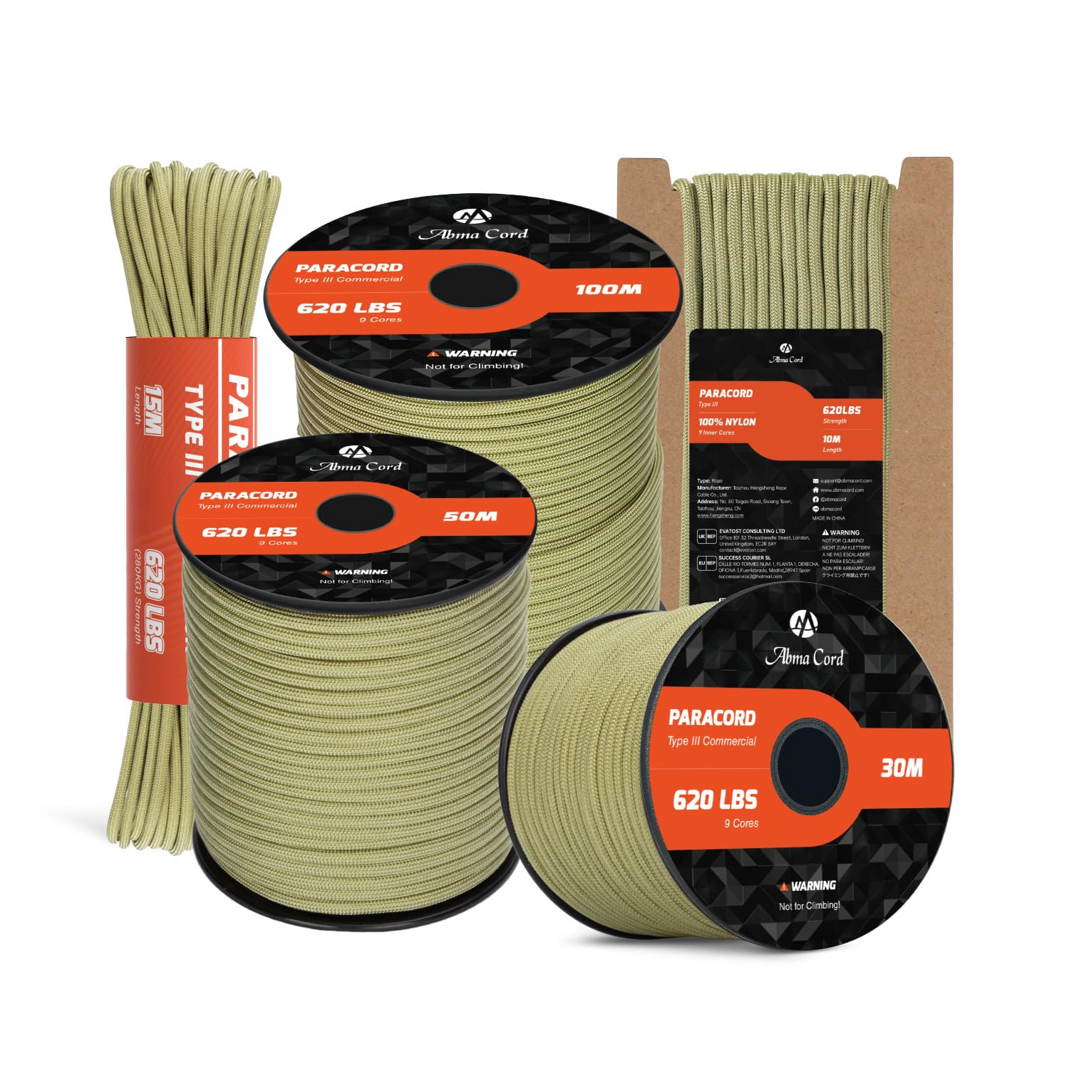 Abma Cord Paracord 4mm 15m 100% Nylon Rope 9 Strands Type III Parachute Cord for DIY, Camping, Survival, Outdoor - Max. 280kg - Holy Guacamole