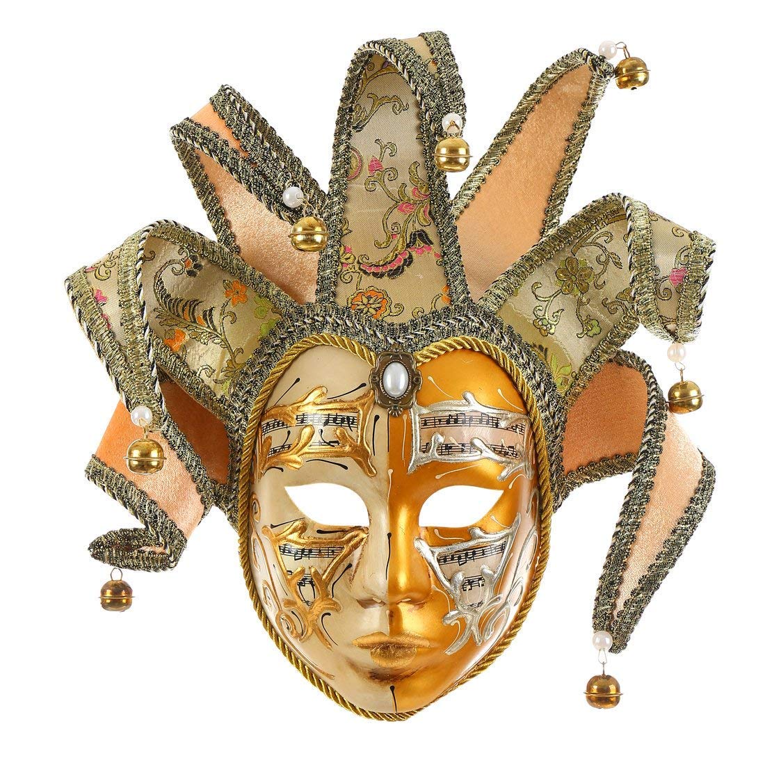 MICG Gold Volto Resin Music Venetian Jester Mask Full Face Masquerade Bell Joker Wall Decorative Art Collection (Gold)
