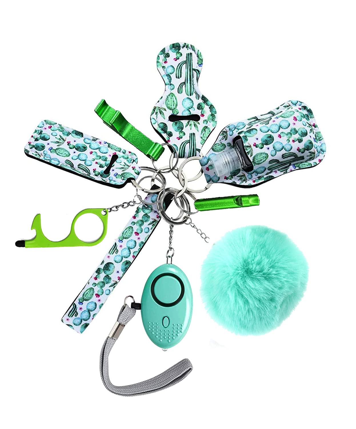 Flymind Safe Keychain Set for Girls with Personal Safety Alarm, Hand Sanitizer Holder, Whistle and Pom