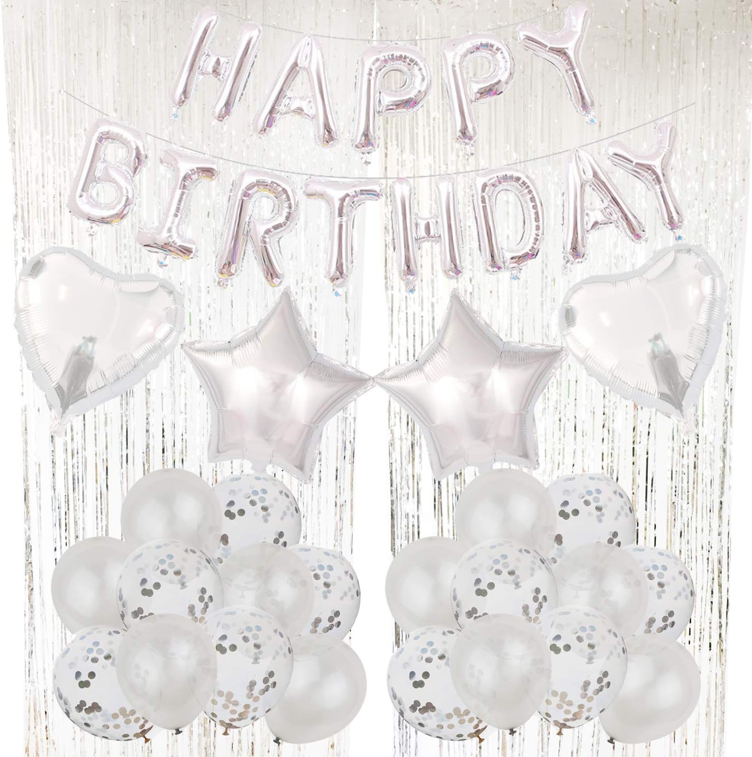ZERODECO Silver Birthday Party Decorations, Bday Metallic Foil Happy Birthday Garland, Fringe Shiny Curtains