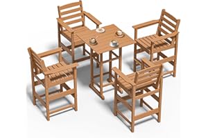 nevilywood Adirondack Bar High Chair Set 5-Pieces,Adirondack Bar Chairs Set of 4 with Table,HDPE All-Weather Patio Furniture for Balcony, Backyard, Poolside –Teak