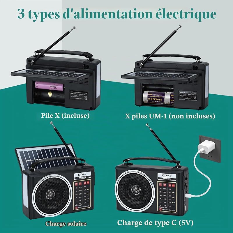 Radio rétro Portable, Radio Bluetooth AM/FM/SW compacte avec Panneau Solaire, éclairage LED Portable, Batterie Rechargeable, Support pour Carte TF/USB-MP3 Player (Noir) — photo 5 sur 7