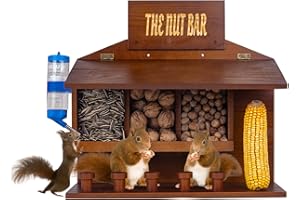 WODGOD Wooden Large Size Squirrel Picnic Table Feeder for Outside,Chipmunk House,Can Hang on The Tree,Set:3 Food Slots + 1 Corn Cob Holder + 5 Stools + 1 Feeding Water Bottle,Nut Bar,15.74 * 6.29 * 14.17 in