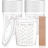 Yesland 12 Pack Paint Mix Cups with Lids and 50 Sticks - 64 Oz Graduated Paint Mixing Cups Plastic Epoxy Measuring Cups with Calibrated Mixing Ratios on Side of Cup for Activators, Thinner, Resin