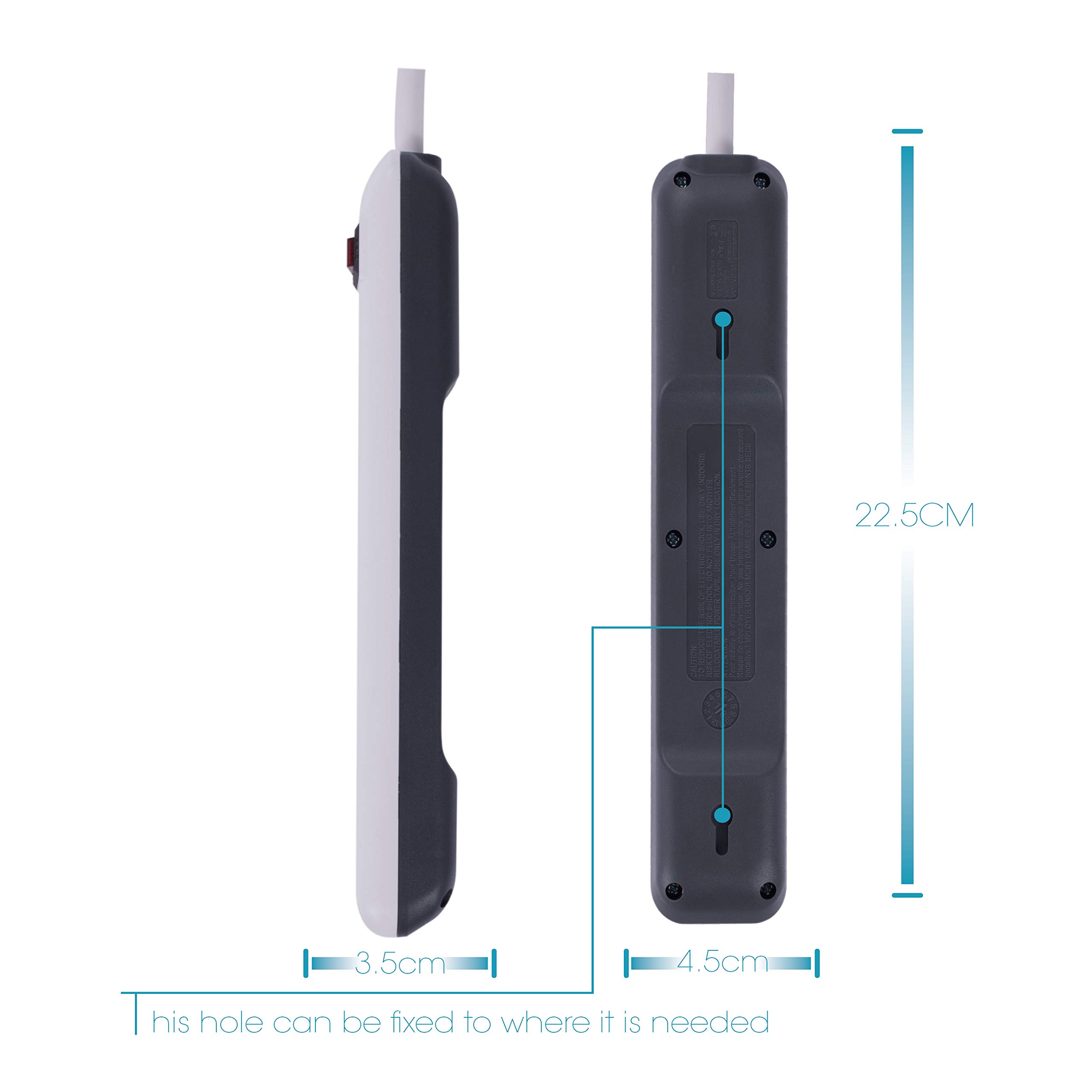 KMC 6-Outlet Power Strip, Overload Protection, 3-Foot Cord, White