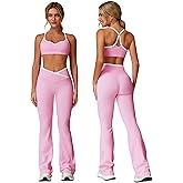ABOCIW Two Piece Workout Sets for Women Color Block Strappy Sports Bra High Waist Flared Leggings 2 Piece Gym Set Yoga Active Wear Pilates Outfits Work Out Clothes Colorblock Pink X-Large