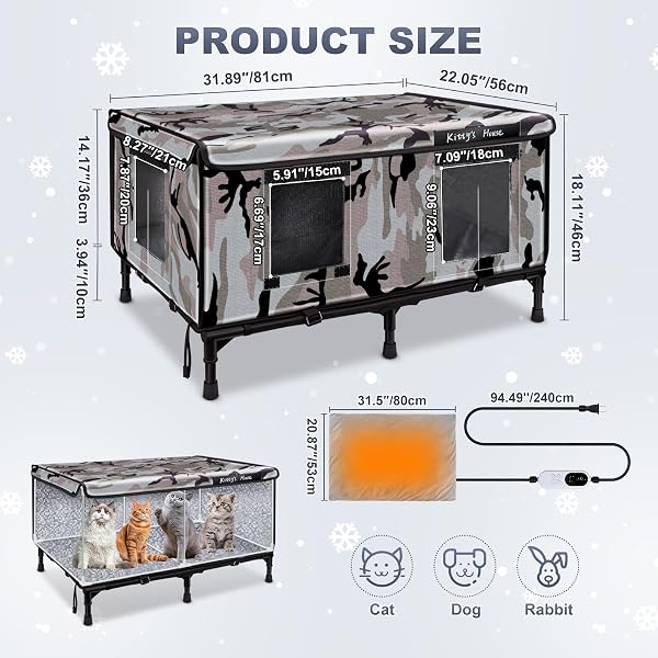HEATED CAT HOUSE FOR OUTSIDE IN WINTER, WEATHERPROOF INSULATED OUTDOOR CAT HOUSE WITH 2 DOOR & ELEVATED BASE & RAIN COAT, FERAL CAT SHELTER FOR STRAY CAT (24″X18″X18″)