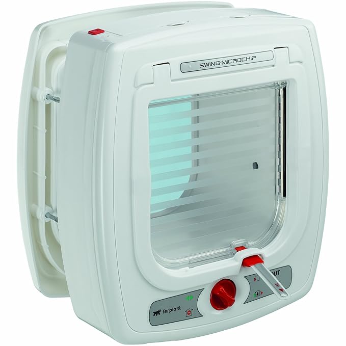Ferplast Katzenklappe Swing mit Microchiperkennung / Batteriebetriebene Haustiertür mit 4-Wege-Verriegelung aus Kunststoff