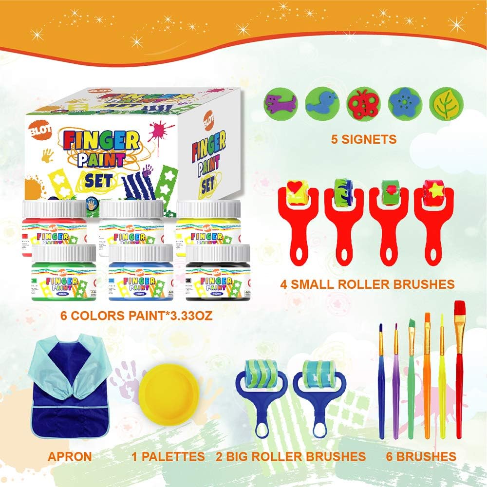 INK LAB Early Learning Kids Paint Set Washable Finger Paint Kit with Painting Brushes Apron Sponges for Toddlers Children Drawing, 6 Colors, 100ml/Can: Toys & Games