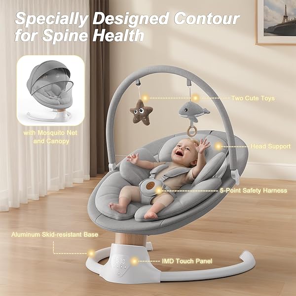 BABY SWINGS FOR INFANTS, FASONBABY ELECTRIC BABY SWING WITH MUSIC SPEAKER, 5 SPEEDS, REMOTE CONTROL AND BLUETOOTH – PORTABLE INFANT SWING FOR INDOOR AND OUTDOOR (GRAY)