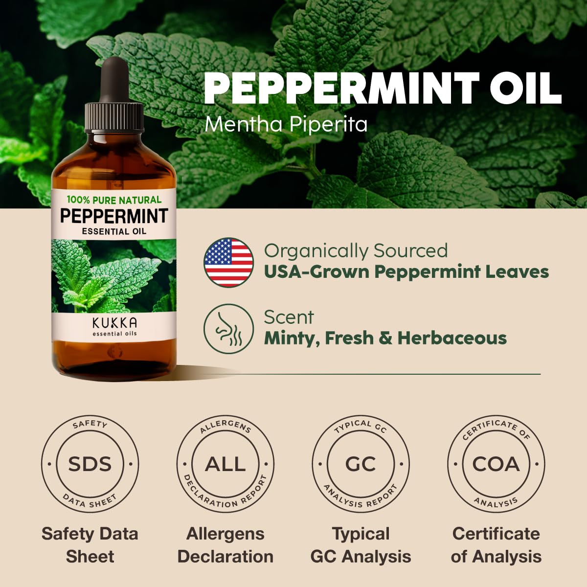 KUKKA 100% Pure & Natural Essential Oils Peppermint Oil for Skin, Hair, Diffuser, & DIY Soap Making Scents(4 Fl Oz/118 ml)