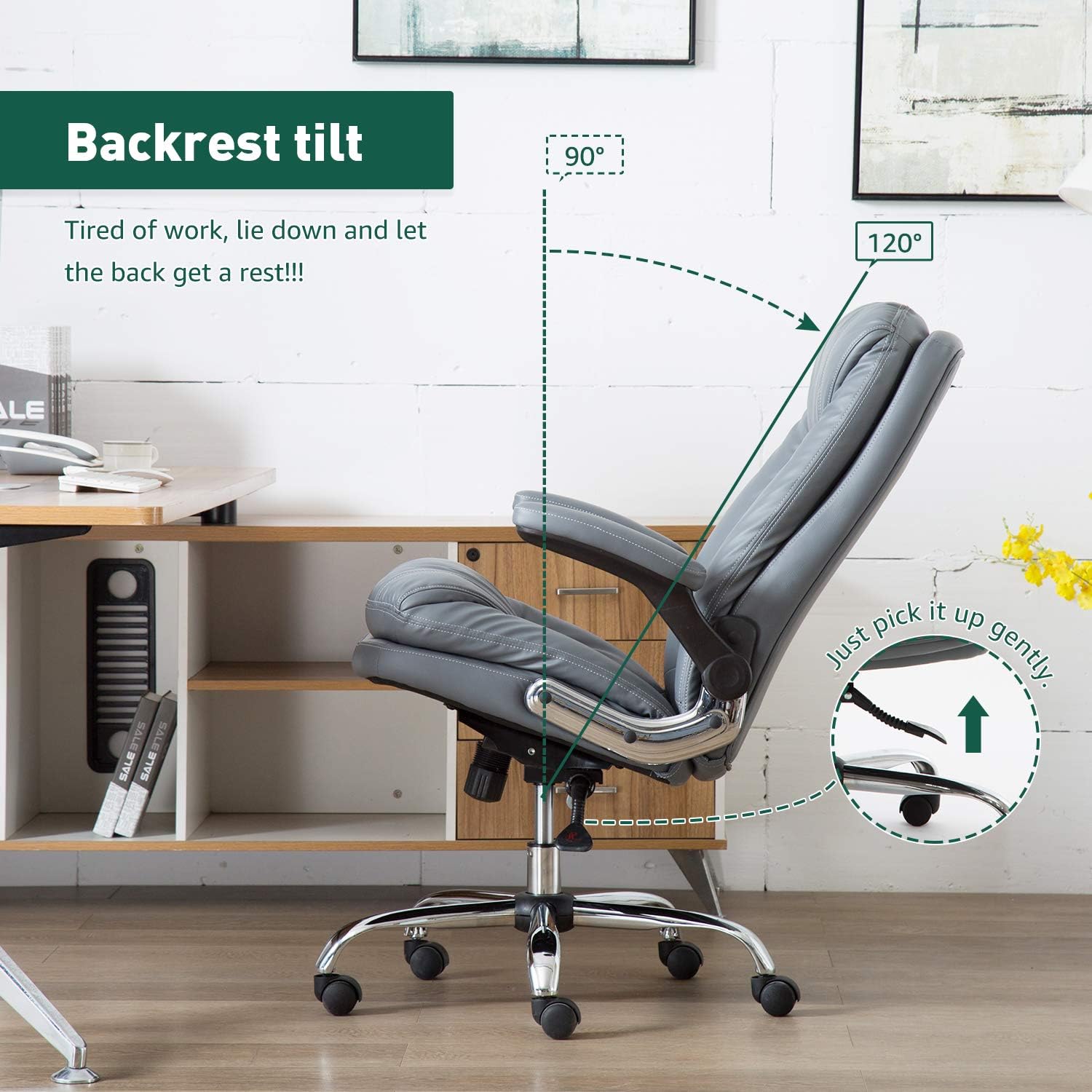 YAMASORO High-Back Executive Office Chair Big and Tall Home Office Desk Chairs PU Leather Ergonomic Computer Chair for Heavy People,with Flip Arms and Wheels,Swivel, Black: Furniture & Decor