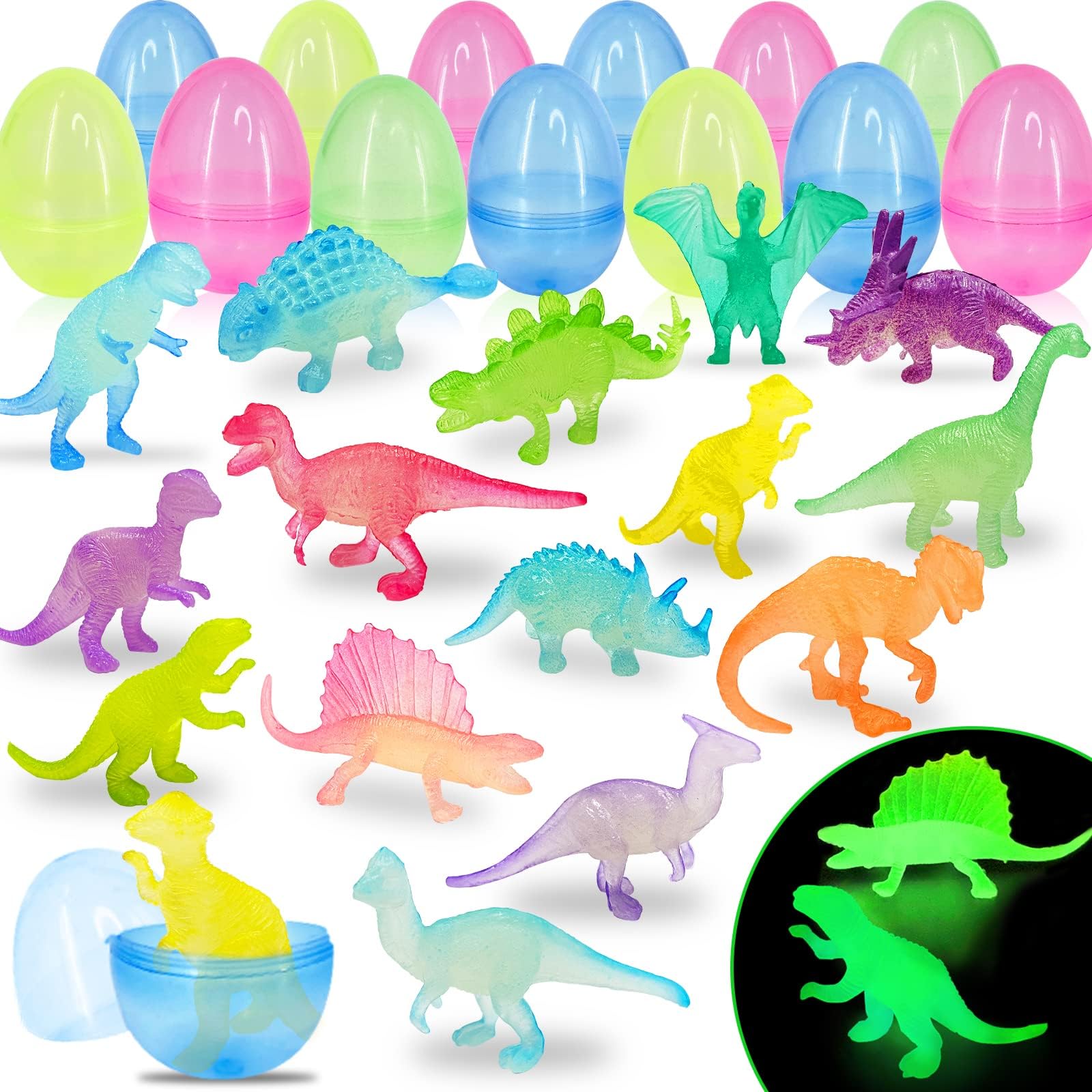 36 Pack Easter Eggs Filled with Glow in The Dark Dinosaur Toys, Easter Basket Stuffers for Toddlers Kids Boys Girls Glow Colorful Easter Eggs Dinosaur ​Easter Egg Fillers Hunt Gifts Party Favors Prize
