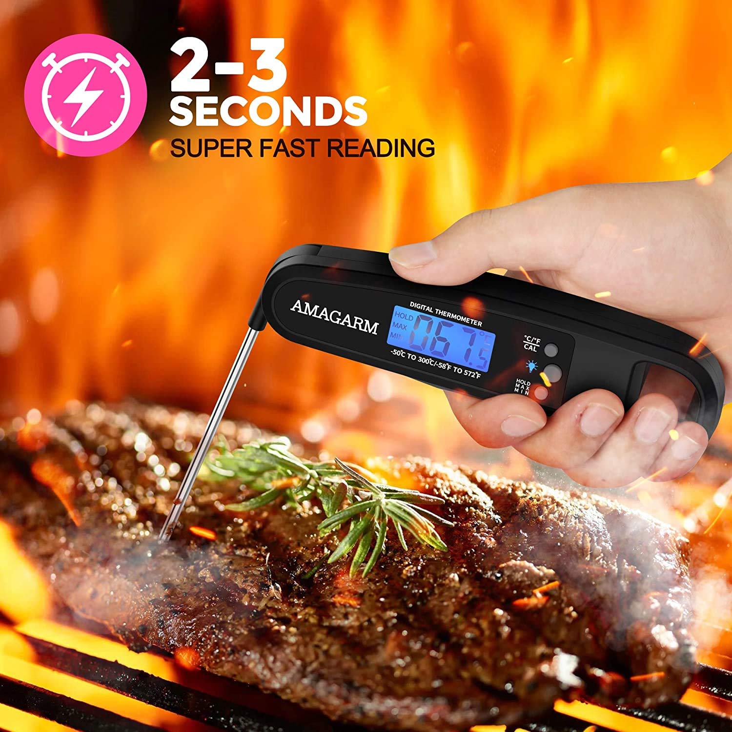 [Latest 2020] AMAGARM Meat Food Thermometer for Grill and Cooking, 2S Best Ultra Fast Instant Read Waterproof Digital Kitchen Thermometer Probe for Grilling, BBQ, Baking, Candy, Liquids, Oil: Industrial & Scientific