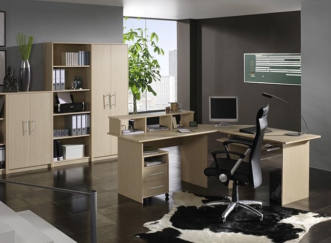 5 Teilige Büroausstattung mit Eckschreibtisch Schränken und Regal Buche