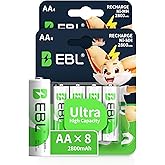 EBL AA Rechargeable Batteries Ni-MH AA Battery 1.2V 2800mAh Precharged, New Retail Package, Pack of 8