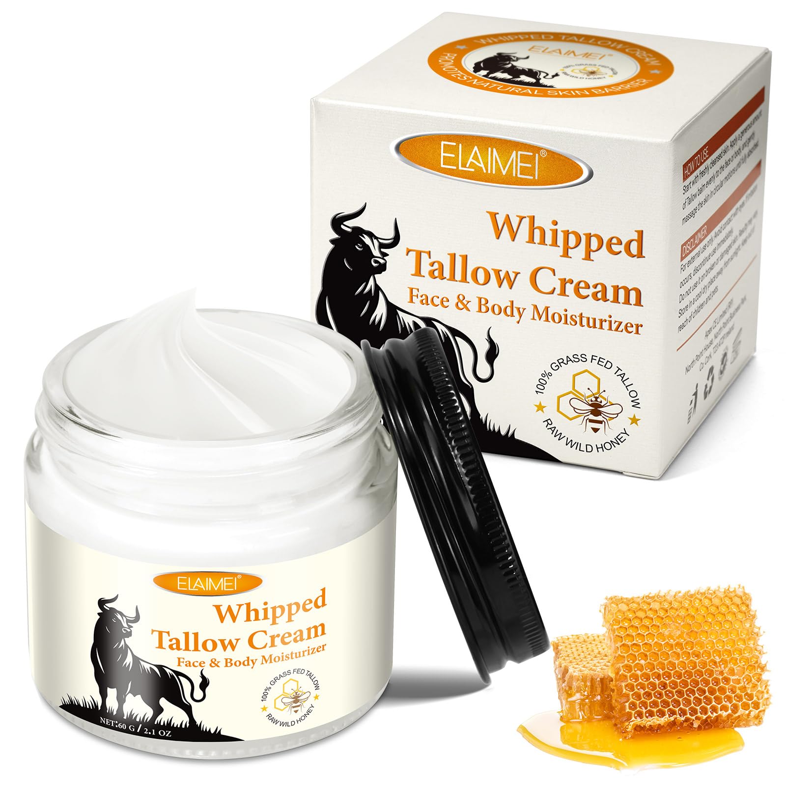 Beef Tallow Honey Balm, Tallow & Honey Skin Cream, Organic Grass Fed Tallow Balm, Deeply Nourishing, Moisturising And Anti-Ageing, For Face And Body Skin Care 60G