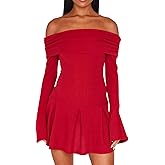 DAAWENXI Women's Casual Off The Shoulder Ribbed Knit Sweater Mini Dress 2025 Fall Long Sleeve A Line Dresses
