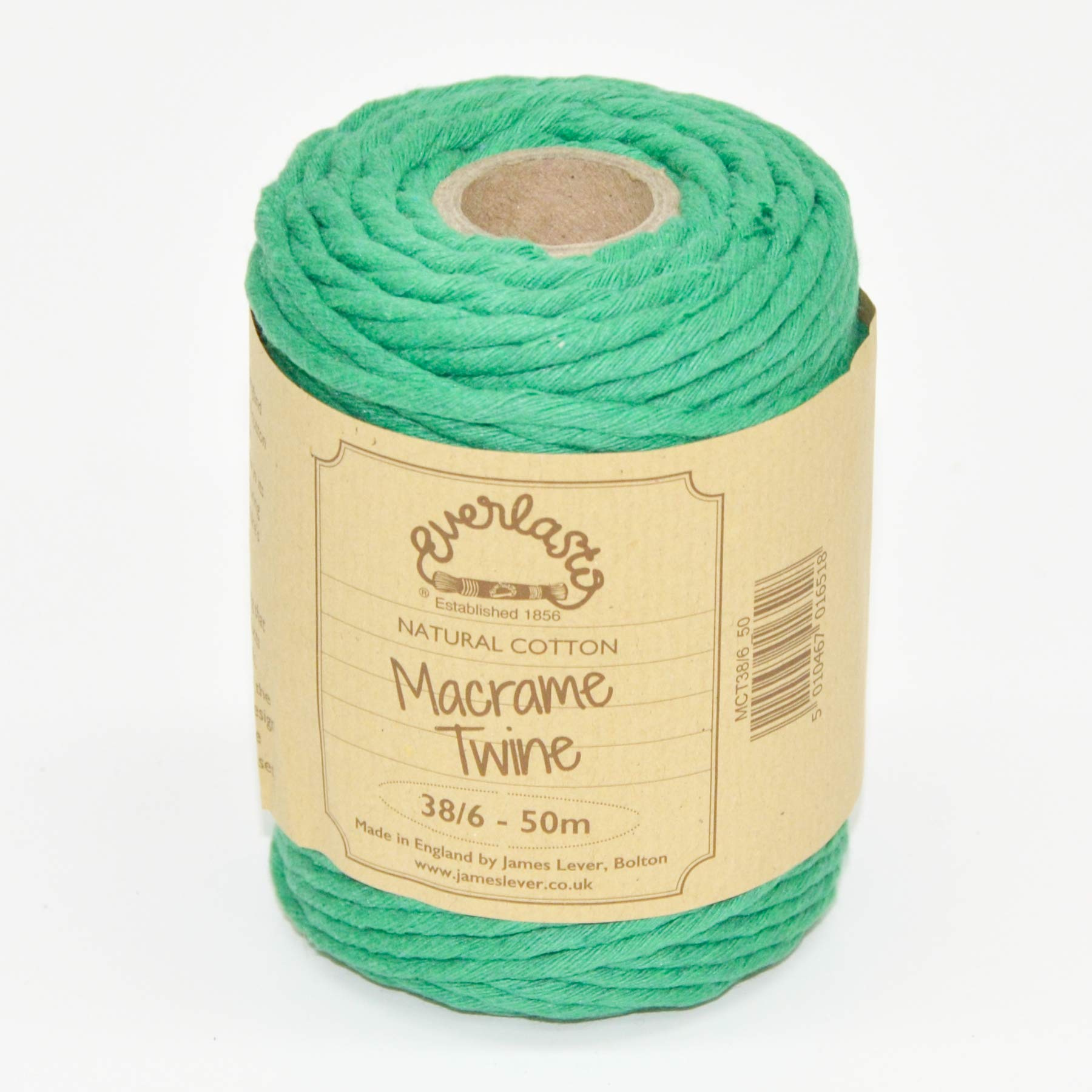 50M Spools - Everlasto Single Twist Soft Cotton Coloured Macrame Craft Twine 38/6 (4mm approx) (Emerald Green)