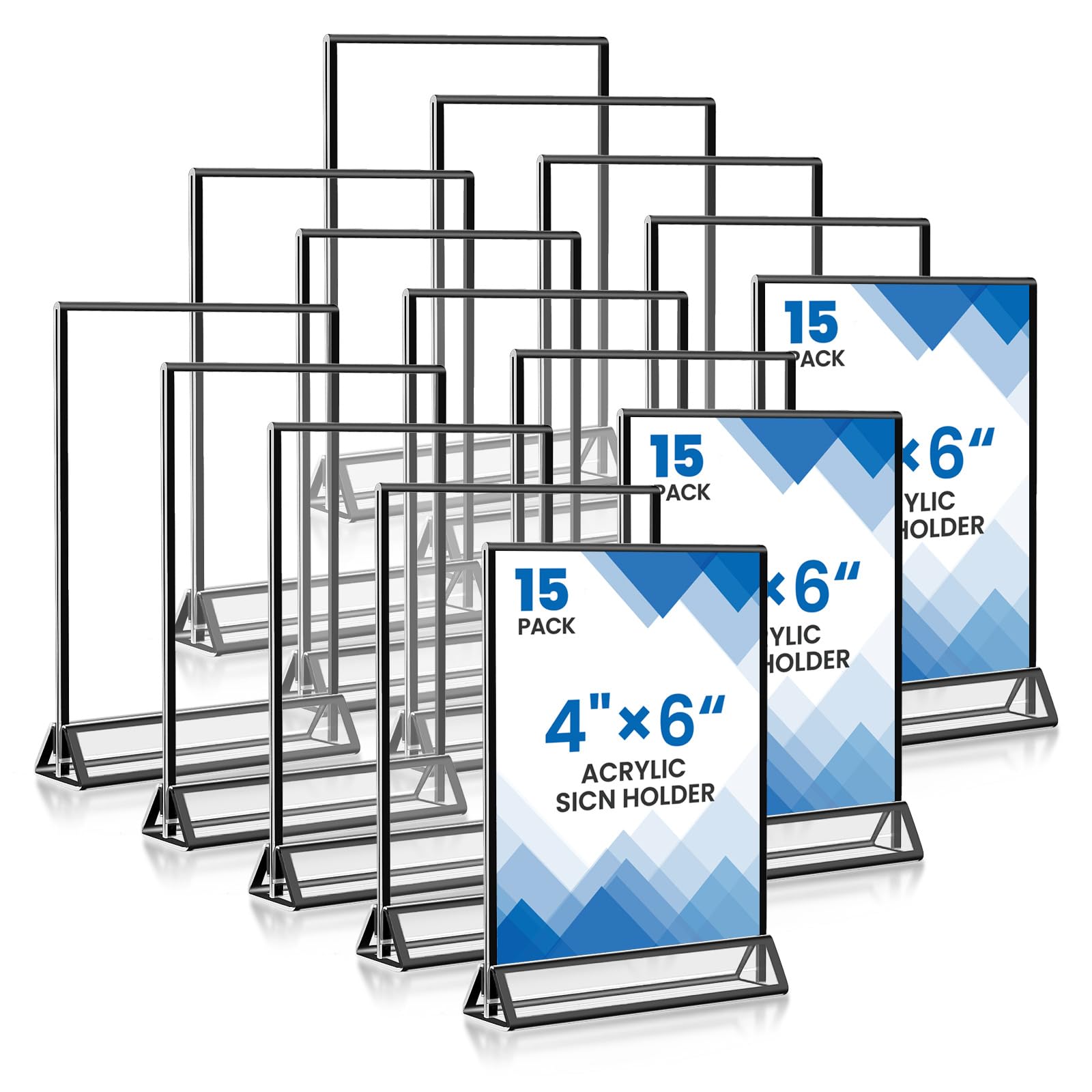 Photo 1 of 15 Pack Acrylic Sign Holder 4x6, Wedding Black Frame Table Number Holders Vertical, Clear Picture Frames Flyer Stands Tables Menu Holder, Double Photo Paper Display Holder for Party, Home, Office