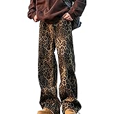 FantasyGears Stretchy Leopard Print Wide Leg Jeans for Women Men Streetwear Oversized Baggy Casual Pants