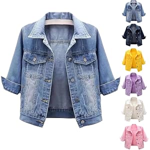 LVOFTJU Cropped Jean Jacket Women Casual 3/4 Sleeve Denim Jackets Lapel Button Down Short Light Trucker Coat With Pocket