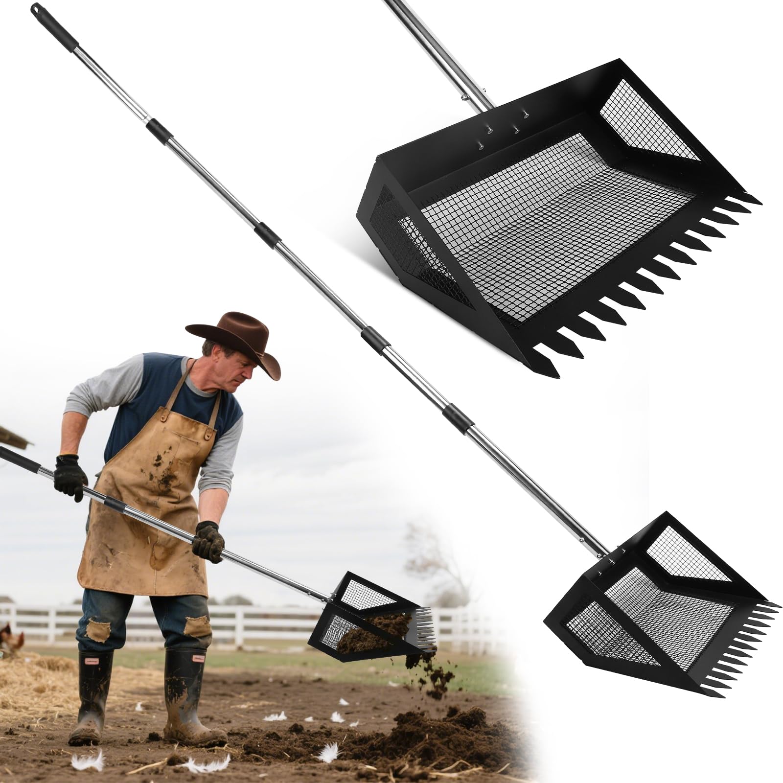 Photo 1 of 15inch Extra Large Chicken Poop Scooper,Adjustable Chicken Coop Scooper for Poop?Stainless Steel Chicken Poop Scooper Rake with 24 to 68" Handle,Litter Scooper Sifting Shovel Chicken Coop