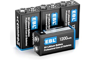 EBL 4 Pack 9V Li-th-ium Metal Batteries, 1200mAh Performance Capacity, Long Lasting, High Power, Light Weight, Non-Rechargeab