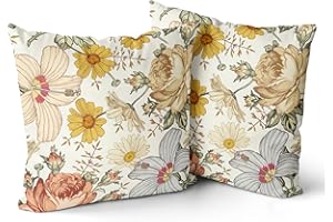 Snycler Vintage Flowers Pillow Covers 20x20 Inch Set of 2 Red Yellow Floral Leaves Decorative Square Boho Throw Pillows for C