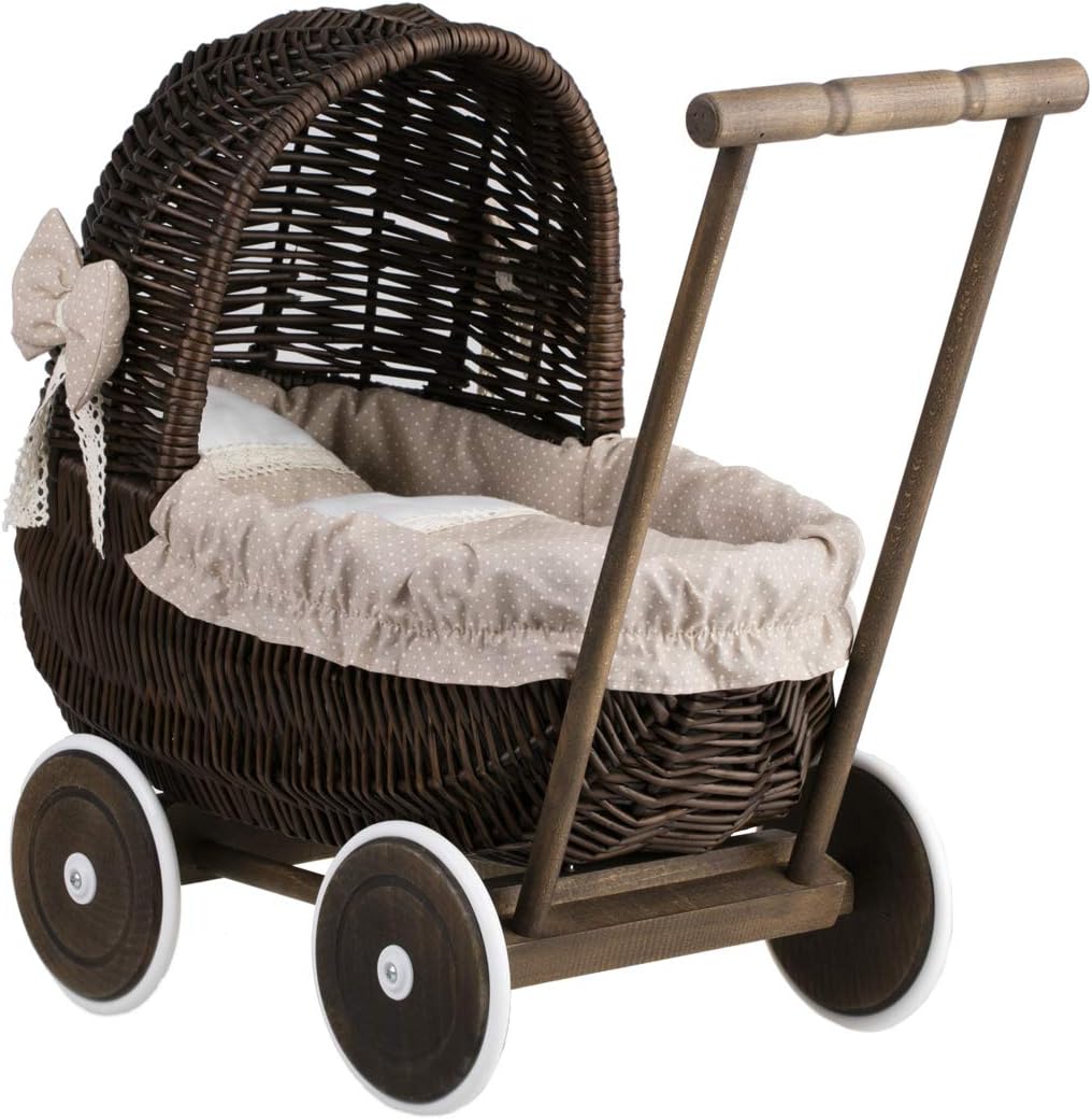 E Wicker24 Landau Poussette Beige Pour Poupee Avec Un Poignee En Osier Et Roues En Bois Mobilier La Chambre De Bebe Schoolofbabywearing Com