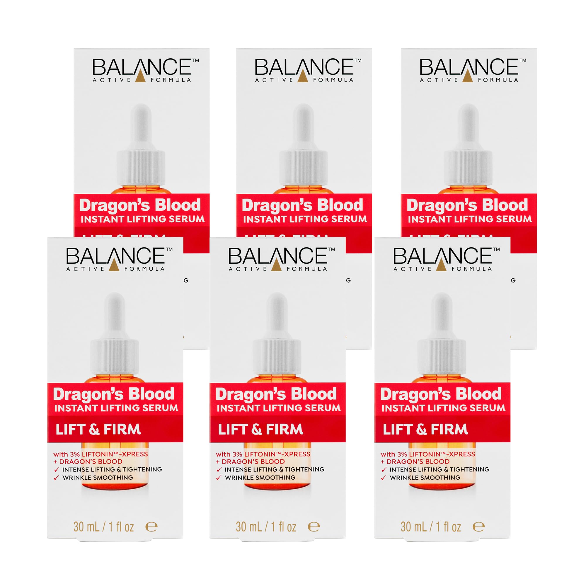 Balance Active Formula 6 x 30ml Multipack of Dragon's Blood Instant Lifting Serum, For Firmer Looking Skin and Reducing The Appearance Of Wrinkles, Dermatologically Tested, Vegan & Cruelty Free