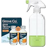 Grove Co. Glass Cleaner, Refill Concentrate (2 x 1 Fl Oz) + 1 x Reusable Glass Spray Bottle (16 Oz) Plant-Based Cleaning Supplies Bundle, No Plastic Waste, 100% Natural Orange & Rosemary Fragrance