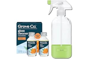 Grove Co. Glass Cleaner, Refill Concentrate (2 x 1 Fl Oz) + 1 x Reusable Glass Spray Bottle (16 Oz) Plant-Based Cleaning Supplies Bundle, No Plastic Waste, 100% Natural Orange & Rosemary Fragrance