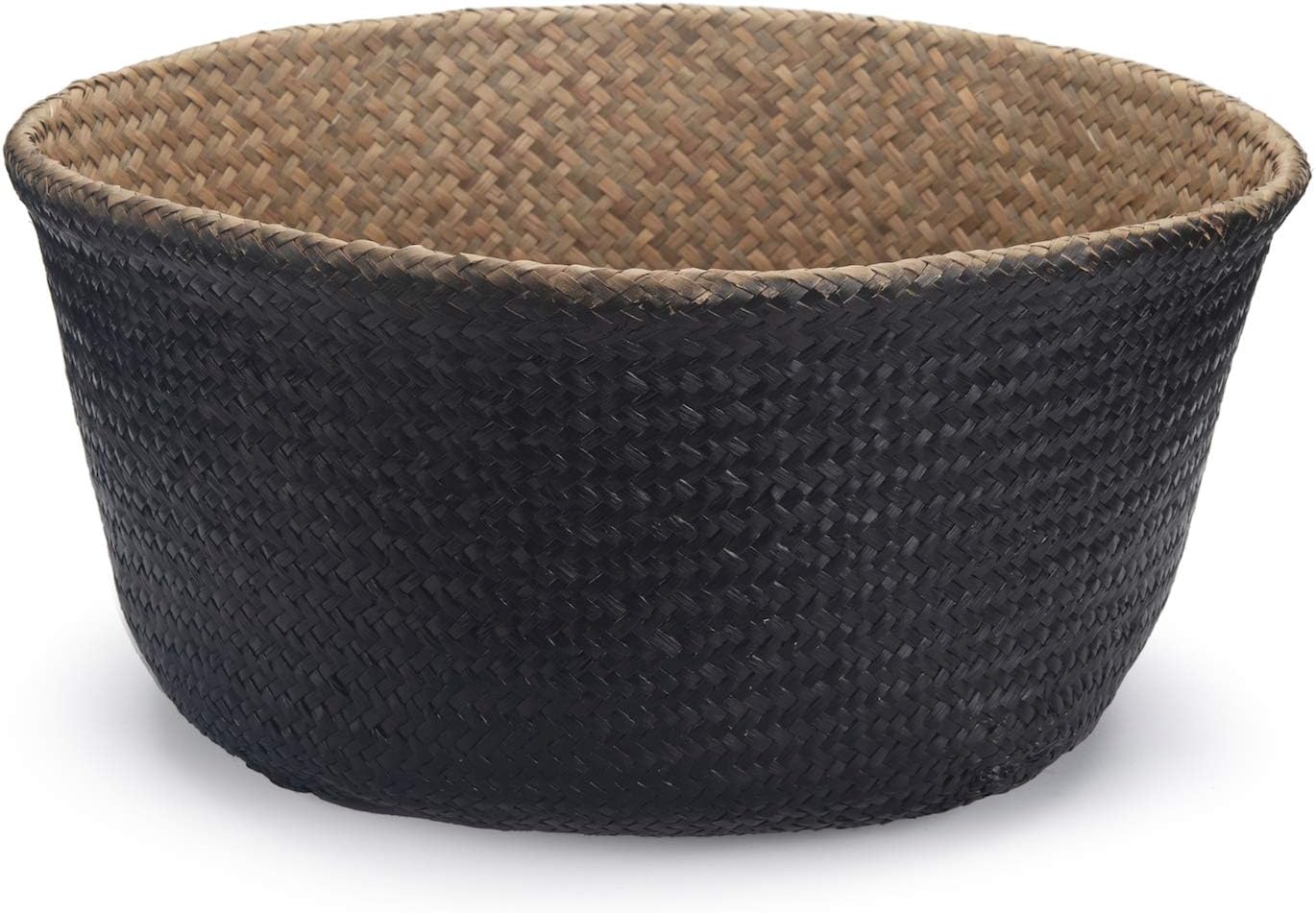 Seagrass Belly Basket Natural Woven Plant Pot Foldable with Handles for Storage Laundry Blankets Toys (Natural + Black) - Image 4