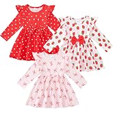 3-Pack Toddler Baby Girl Bow Long Sleeve Dress Cute Outfit Clothes | Flutter‑Sleeve Pleated A‑Line Dress, Solid Color, Floral &amp; Plaid Print Fall &amp; Winter Casual Daily Outfit Set