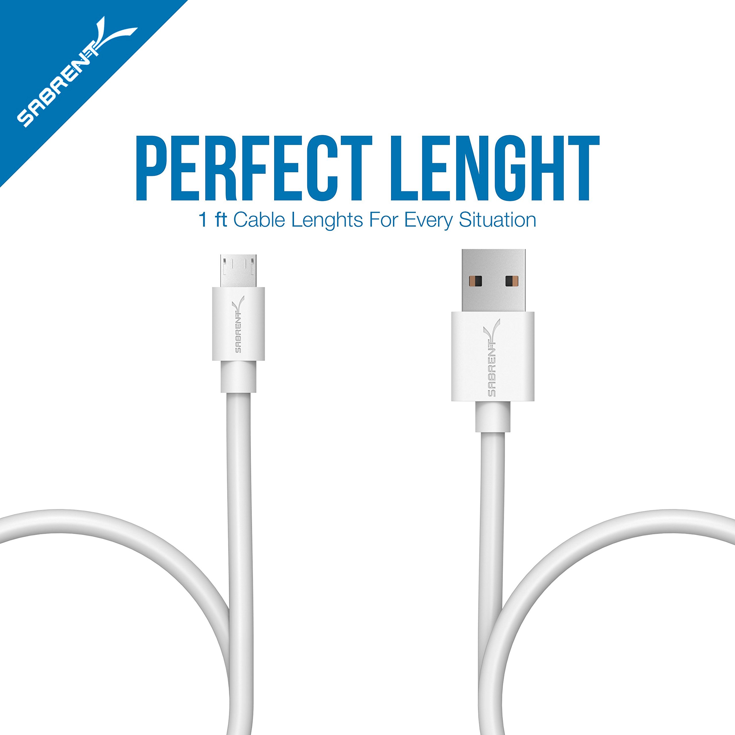 SABRENT [6-Pack 22AWG Premium 1ft Micro USB Cables High Speed USB 2.0 A Male to Micro B Sync and Charge Cables [White] (CB-M61W)