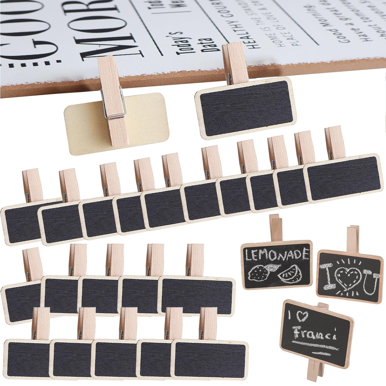 RXKFIGX 50 Mini Blackboard Clips - Wooden Rectangle Chalkboard Memo Clips for Kitchen Notes & Photo Display