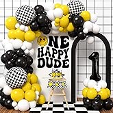 Winrayk One Happy Dude Birthday Decorations, First 1st Birthday Decorations Boy, Balloon Arch Kit/ 1st Crown Hat/ Smile Banner/ Checkered & Number 1 Foil Balloons, Toddler One Year Old Boy Party Decor