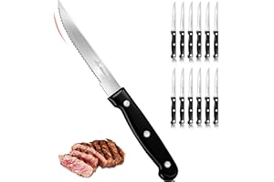 Upgraded Steak Knives Set of 12, Uncoated Stainless Steel Serrated Steak Knife Set, 4.5 Inch Steak Knife with Ergonomic Handl