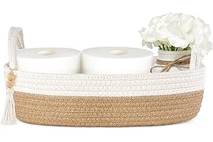 Mkono Small Storage Basket for Toilet Tank Top Boho Bathroom Decor Woven Rope Toilet Paper Tray Organizer for Shelf Bedroom L