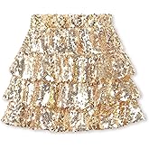 WELAKEN Sparkle Sequin Skirt for Girls Kids Elastic Waist Three Layer Ruffle Skirt