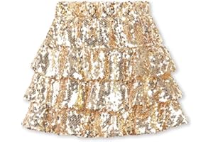 WELAKEN Sparkle Sequin Skirt for Girls Kids Elastic Waist Three Layer Ruffle Skirt