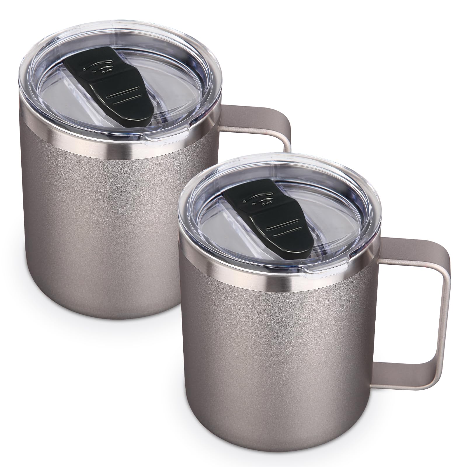 Volhoply 14oz Insulated Stainless Steel Coffee Mug with Lid Bulk 2 Pack,Double Wall Vacuum Travel Coffee Cup with Handle,Reusable Metal Tumbler,Camping Mugs Keep Hot,Christmas Gifts(Gray,2)