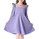 Hvididan Girls Casual Dress Crew Neck Cute Girls Ruffle Long Sleeve A Line Mesh Party Dress for Kids Teens