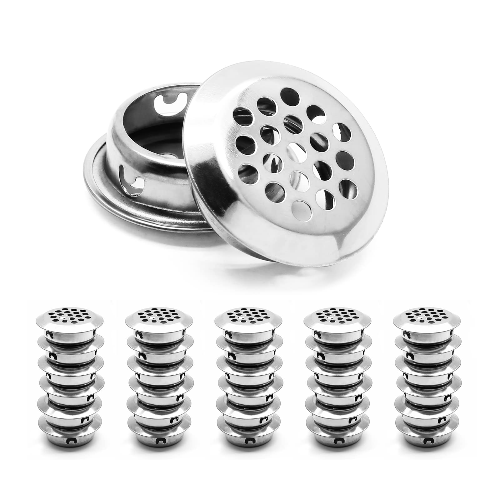 Cjueiom 30PCS Air Vent Louver 25mm Round Ventilation Grilles, Stainless Steel Mesh Hole Vent Circular Soffit Vent Cover, Silver Wardrobe Vent Shoes Cabinet Vent for Bookcase Cupboard Drawer Bathroom