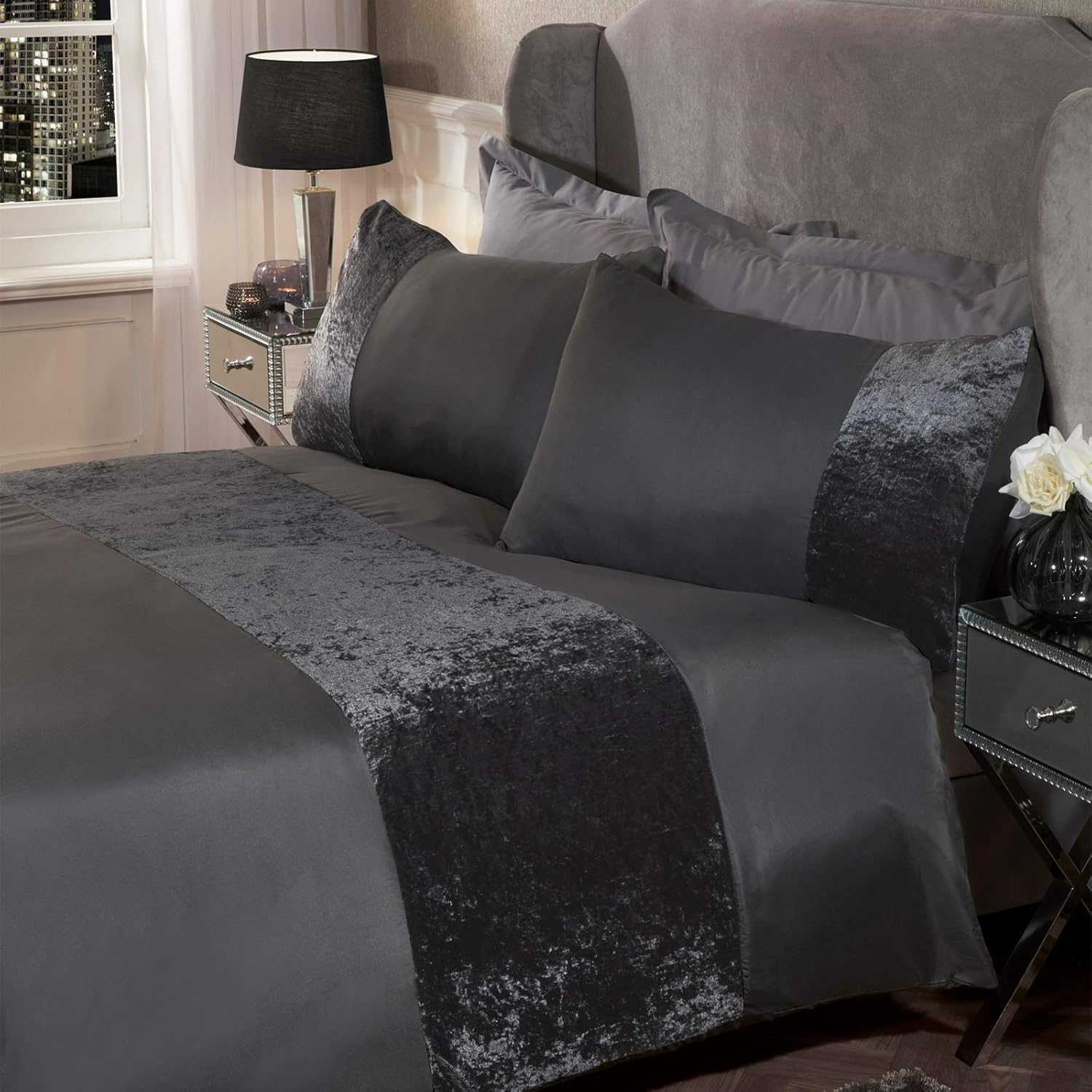 Sienna Crushed Velvet Panel Band Duvet Cover with Pillow Case Bedding
