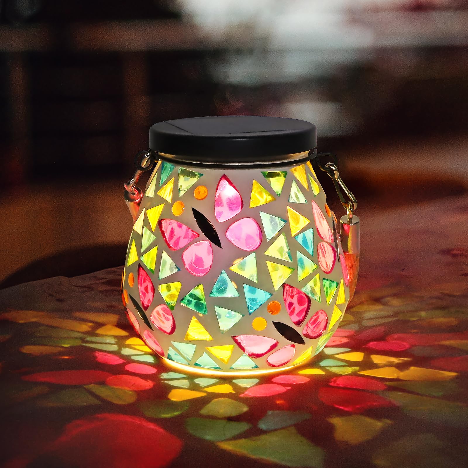 Mosaic Solar Lanterns Lights Outdoor: IP65 Outdoor Waterproof Hanging Tabletop Decorative Table Lamps for Patio Porch Lawn Garden Yard, 2 LED Warm White and RGB - Dragonflies