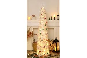 HMASYO 5 FT Pop Up Christmas Tree with Timer Lights and Decorations, White Tinsel Christmas Tree with Candy and 24 Balls Orna